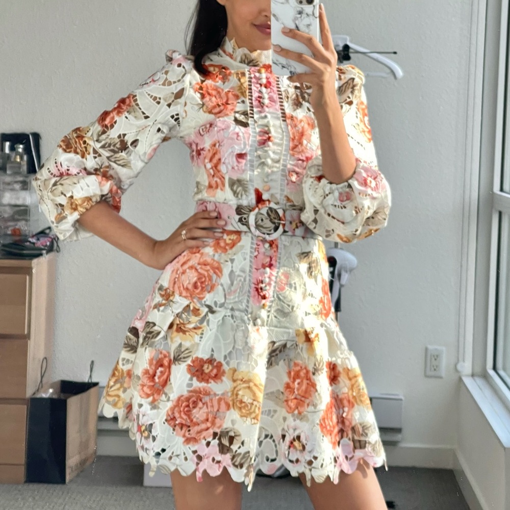 Zimmermann vibe Floral Lace Mini Dress in Cream, Pink, Orange
